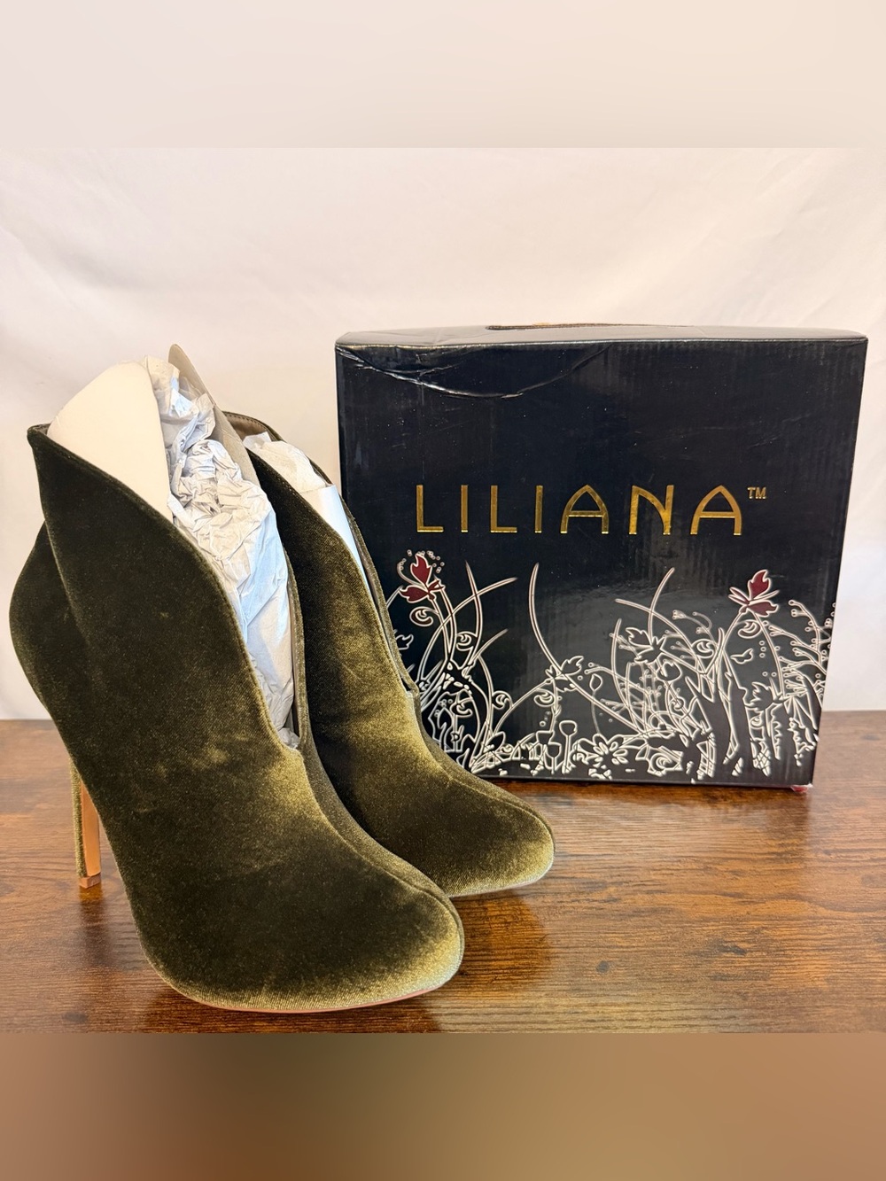 Liliana Olive Velvet Pointed Ankle Booties